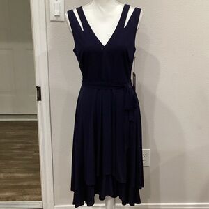 New Vince Camuto Navy Blue V-Neck Cut-Out Shoulder Dress Size 8 (Item#D053)